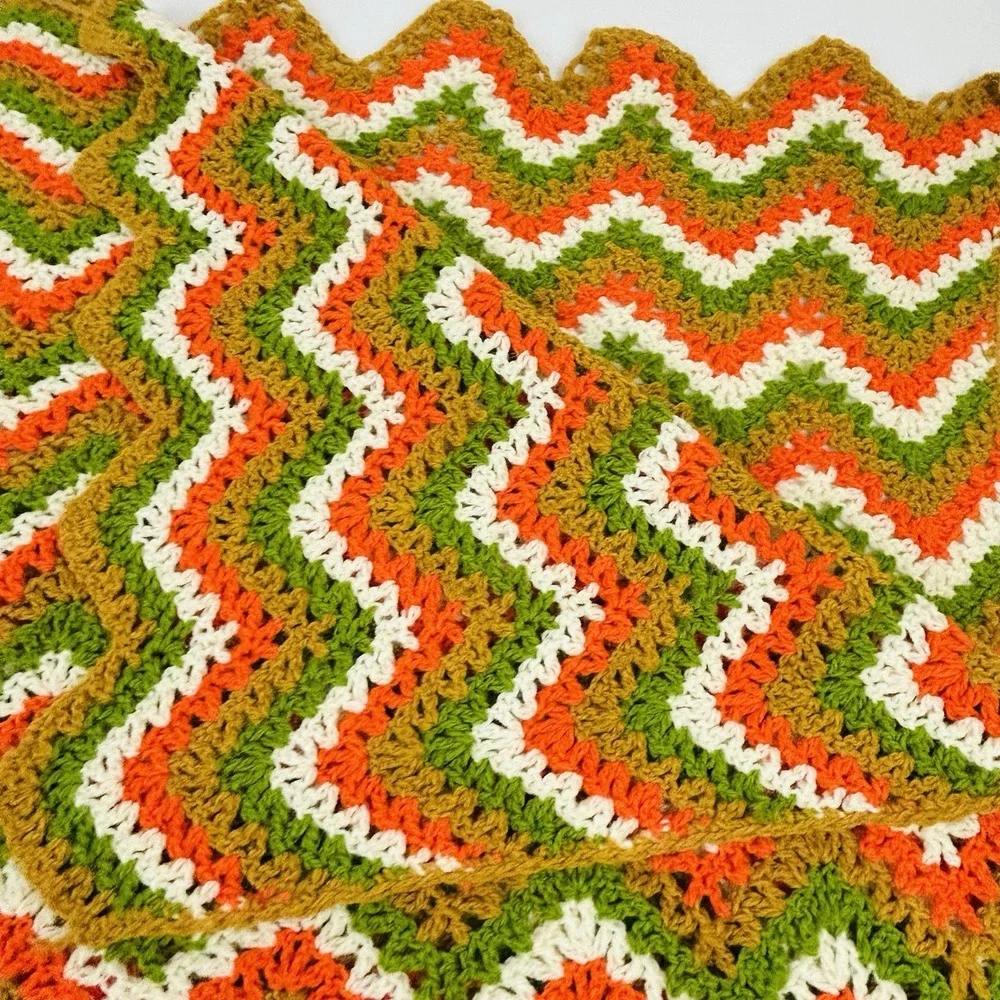 Handmade Throw Blanket Crocheted Granny Afghan Green Gold Orange White 80 x 48